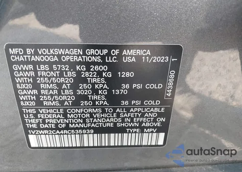 2024 Volkswagen Atlas 2.0T Se W/Technology z USA, uszkodzony, nr VIN 1V2WR2CA4RC535939